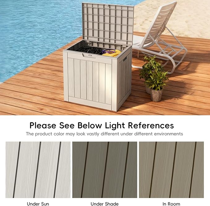 Mars Villa 31 Gallon Deck Box, Waterproof Weatherproof and UV Resistant Resin Storage Bin with Lockable Lid, for Outdoor Patio Furniture Cushions, Pool Supplies, Garden Tools, Greige