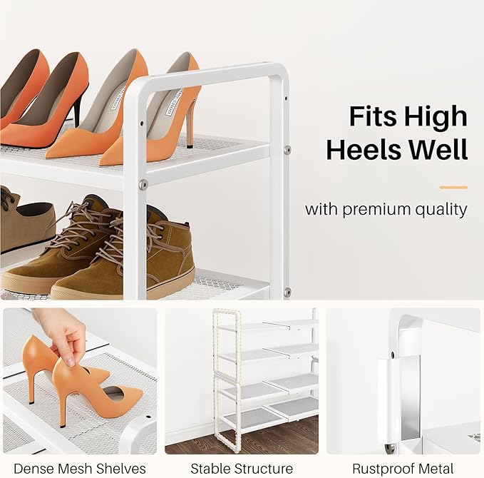 Shoe Rack - Expandable Shoe Organizer for Closet, Adjustable Metal Shoe Shelf Storage, Stackable Long Shoe Stand Holder for Garage, Entryway, Door Entrance (White, 4-Tier)