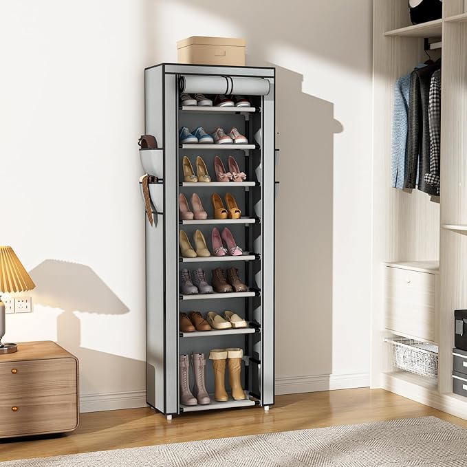 Shoe Rack with Cover Narrow Shoe Rack Organizer with 4 Side Pockets 10 Tier Tall Shoe Storage Shoe Shelf Holds 18-22 Pairs Shoes and Boots Shoe Rack for Closet, Grey