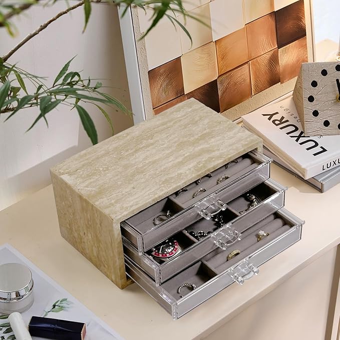 Natural Travertine Jewelry Box with 2 or 3 Drawer Organizers, Velvet Lined Storage for Rings and Necklaces (Small-3)