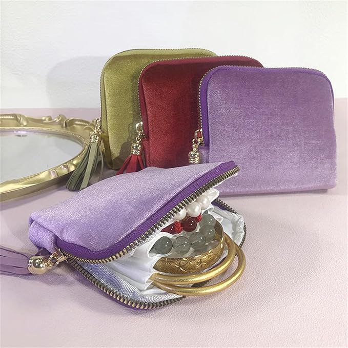Jewelry Zippered Pocket Case Travel Jewelry Bag Portable Organizer, Dustproof Storage Bag with Tassels and Zipper (Light Gray)