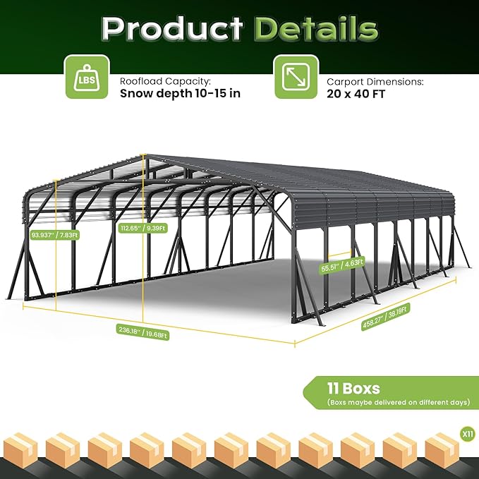 20x40FT Heavy Duty Metal Carport, Outdoor Portable Car Garage w/Reinforced Support Rods & Windproof Ground Anchors, All-Season Versatile Outdoor Shelter for Car, Boats, Truck