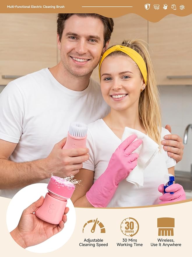 Electric Dish Washing Brush, Small Handheld Power Scrubber, Pink Cordless Cleaning Brushes kit, Gift for Woman, for Kitchen cleanup, Dishes/Plates/Sink, IP66 Waterproof Household Cleaning Supplies