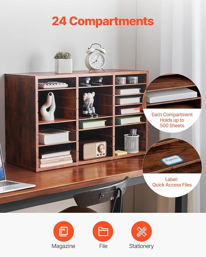 VEVOR Literature Organizer, 24 Compartments Office Mailbox with Removable Shelves, Wooden Mailbox Sorter Particle Board Office Home Classroom Storage, File Sorter for Documents, Papers, Dark Brown