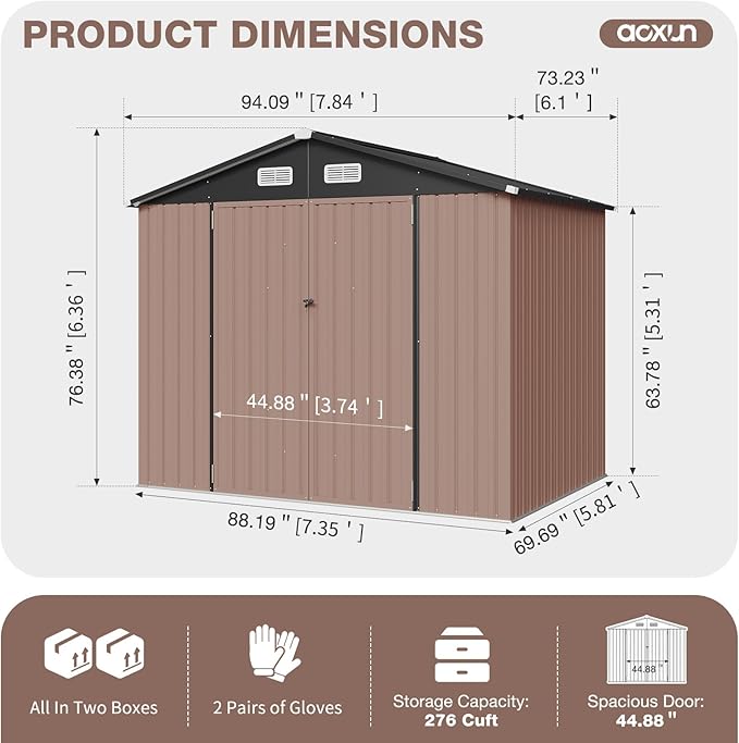 Aoxun Outdoor Storage Shed with Floor - 8x6 FT Metal Shed with Lockable Doors & Air Vents, Waterproof Outside Storage Shed for Tool, Garbage Can, Bike, Mower, for Backyard Garden Patio, Brown