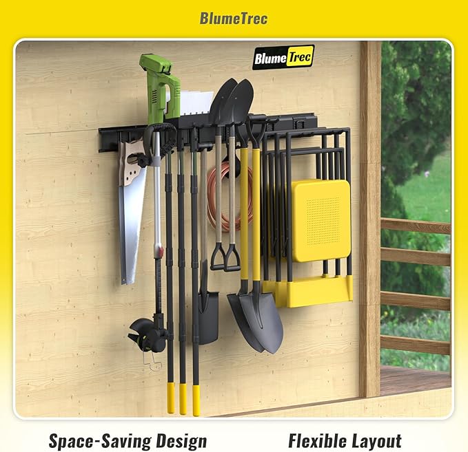 Garage Tool Organizer Wall Mount, 48" Heavy-Duty Metal Wall Organizer, 3 Rails with 6 Adjustable Hooks, Garden Storage Rack for Organization Sturdy Tool Hanging Holder for Shovel Shed Yard
