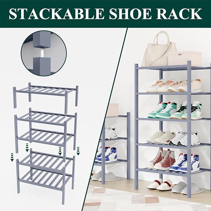 Smiry Shoe Rack, 5 Tier Small Bamboo Shoe Organizer, Stackable Free Standing Wooden Shoe Storage Shelf for Closet, Entryway, Front Door Entrance, Grey