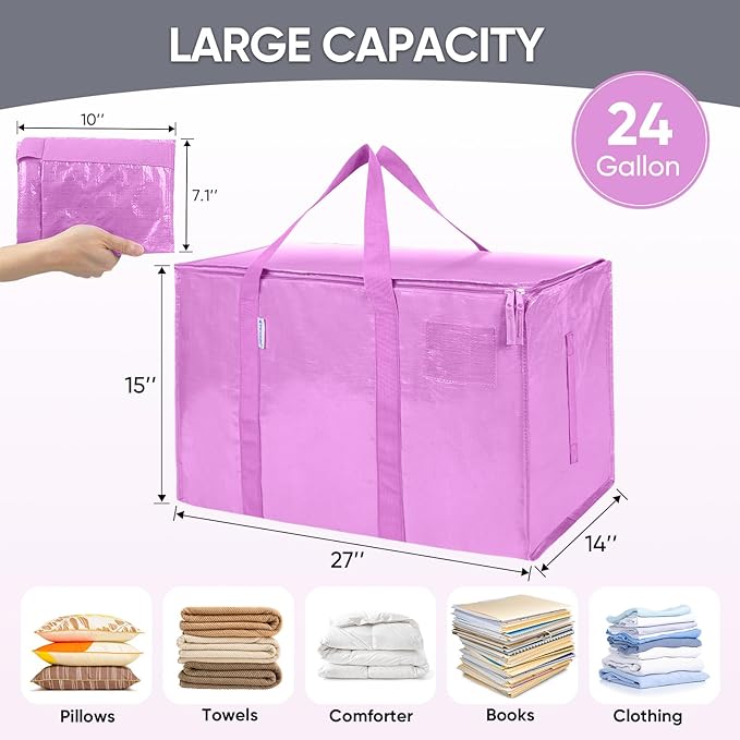 TICONN 8 Pack Extra Large Moving Bags Heavy Duty with Zippers & Carrying Handles, Durable Storage Bags Moving Boxes for Closet Organizers and Storage (8 Pack, Pink)
