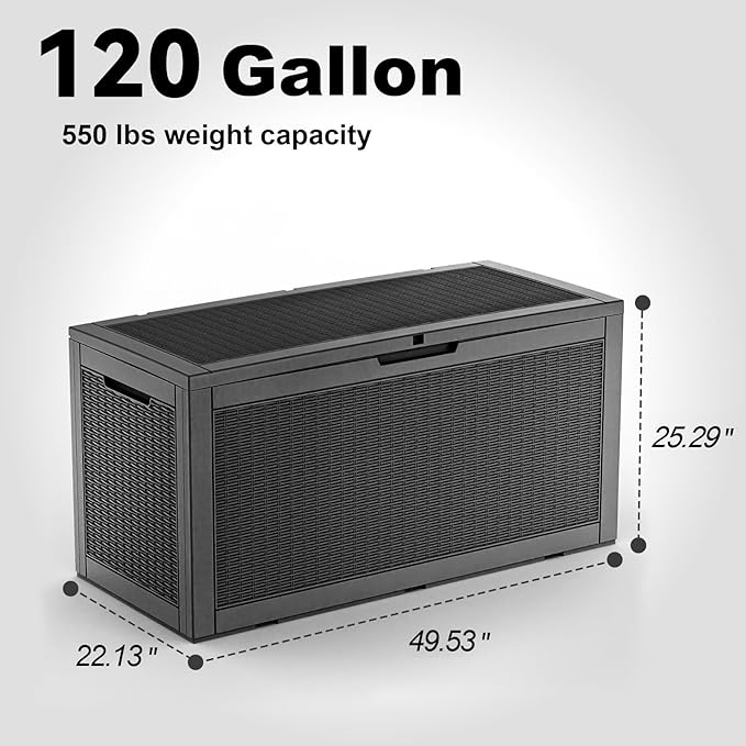 120 Gallon Waterproof Outdoor Storage Box,Resin Deck Box,Lockable Outside Storage Box Container for Patio Furniure,Garden,Tools (120 Gallon,Black)