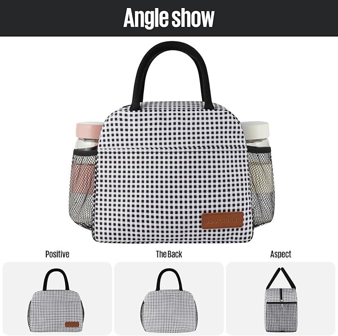 Lunch Bag Women/Men Lunch Box Women/Men (Black+White Grid)