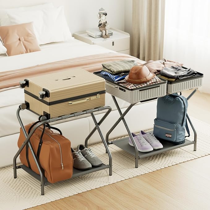 AMHANCIBLE Luggage Rack, Set of 2, Foldable Suitcase Stands for Guest Room, Metal Luggage Holder with Storage Shelf for Bedroom, Hotel, Easy Assemble, HLR02GY