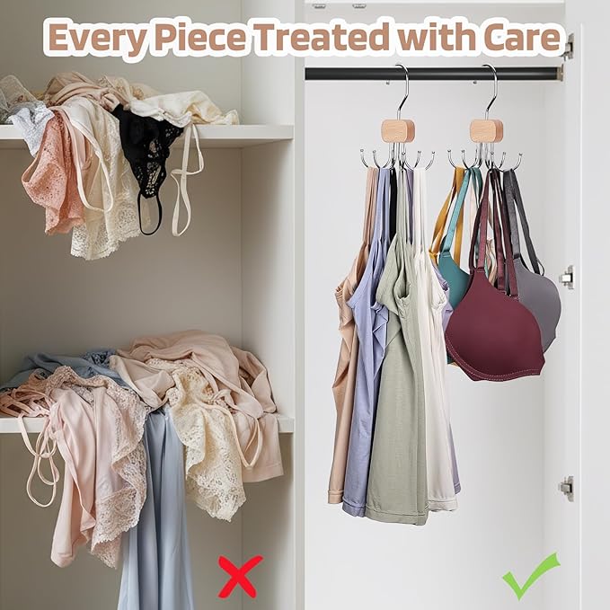 3 Pack Tank Top Hangers, 2025 Upgraded Bra Hanger for Closet Organizer & Storage, 360° Rotating & Foldable Design, Wooden Space-Saving Hanger for Tank Tops, Bras and More (Natural)