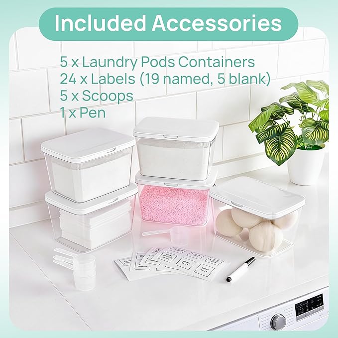 Vtopmart 5 Pack Laundry Pods Container and Dryer Sheet Holder, Detergent Powder Container with Lids &Labels & Scoop for Laundry Room Organization, Laundry Storage for Powder, Pods, Scent Booster Beads