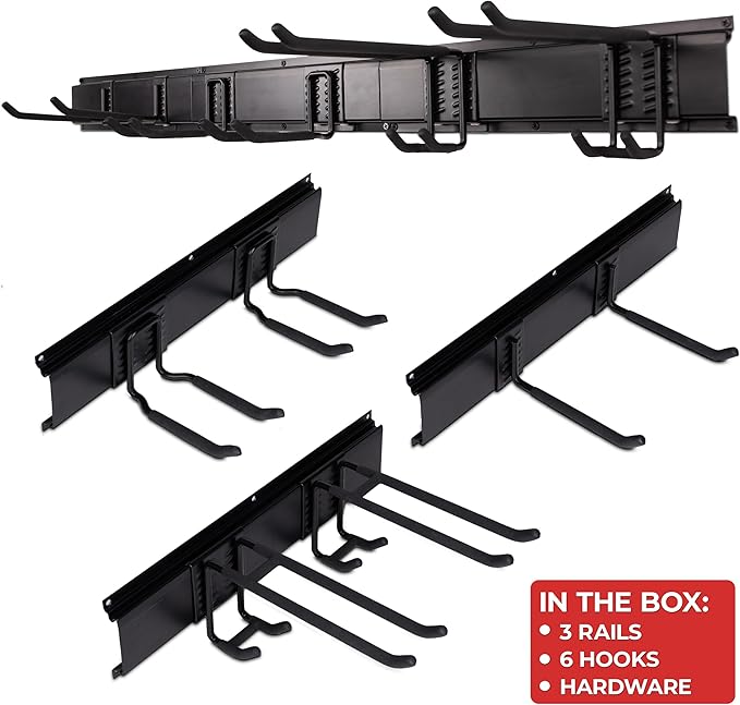 NINE FORTY Garage Tool Organizer Wall Mount - 49.5 Inches, 16" Stud Spacing, 440 LBS. Sturdy Rubber Coated Garden Tool Organizer and Storage Rack with Adjustable Hooks