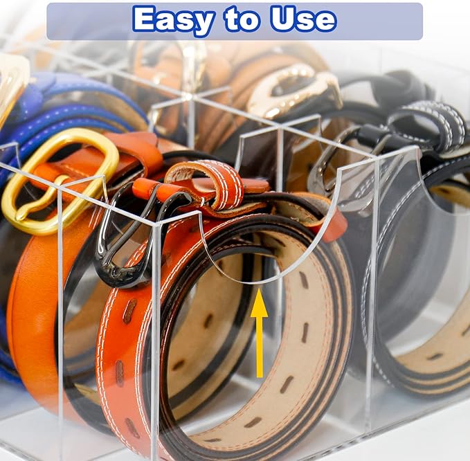 Acrylic Belt Organizer - 14 Compartment Clear Display Case for Closet and Drawer