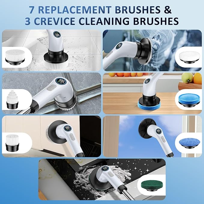 Electric Spin Scrubber Upgraded Battery with Extra-Long Runtime, IPX7 Waterproof Power Cleaner with 7 Brush Heads, 2 Speeds Adjustable Long Handle for Bathroom, Floor, Shower