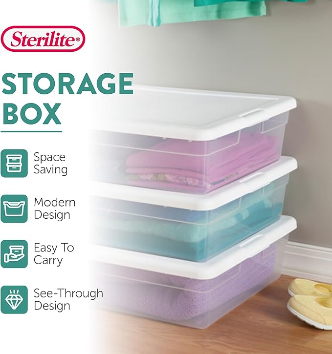Sterilite 20 Pack Storage Box, 28 Quart Stackable Tote, Clear Plastic Container with Secure Snapping Lids for Home and Office Organization, White