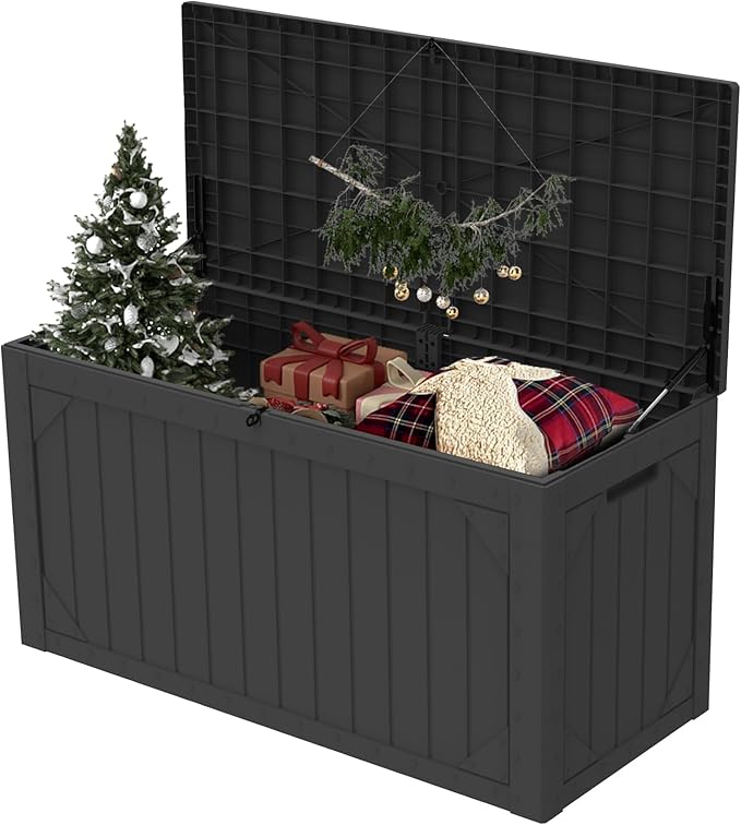 Outdoor Storage Deck Box Waterproof, 100 Gallon Large Lockable Patio Storage Bin Chest, Resin Outside Container Seat Bench for Furniture Cushions, Pool Accessories, Garden Tools & Delivery, Black