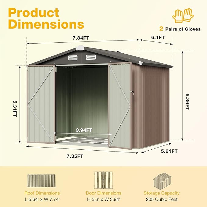 8x6 FT Outdoor Storage Shed with Base & Lockable Double Doors, Heavy-Duty Galvanized Steel Outdoor Metal Shed for Bike, Tool, Generator Storage in Backyard, Patio (8’x6’, Base)