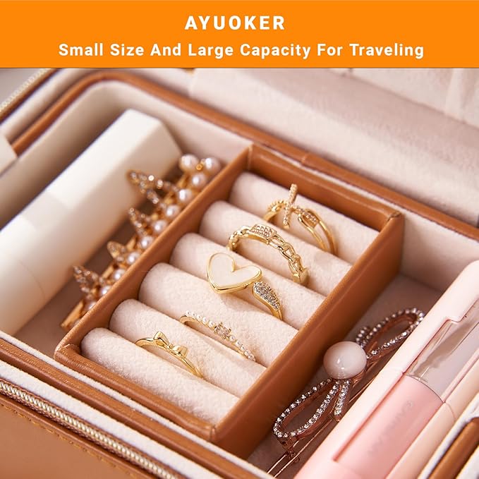 Brown Small Travel Jewelry Box,2 Layers PU Leather Travel Jewelry Box with Double Zippers, Portable Travel Jewelry Organizer for Necklace/Bracelet/Ring/Brooch
