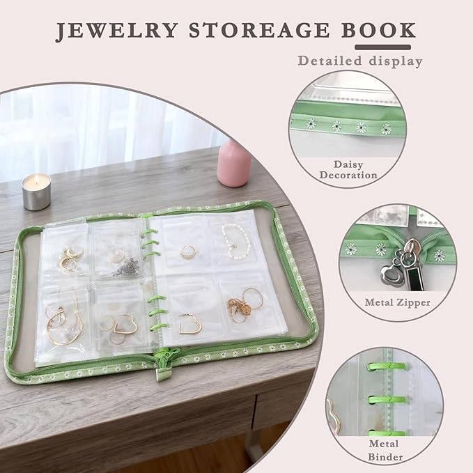 Jewelry Organizer Travel,Jewelry Storage Book with 45 Portable thick PVC pouches,Jewelry Organizer Zipper Bags for Necklaces Bracelet Rings and Earrings (front cover removable),Green