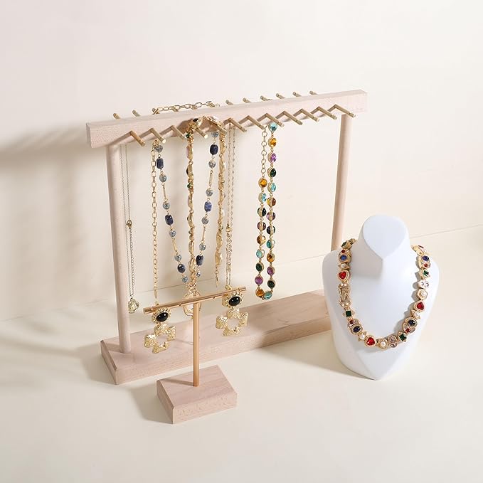 GemeShou Medium necklace hanger shelf with 12 copper bars, Wooden jewelry storage organizer rack for hanger necklace bracelet, necklace display stand for boutique store【Maple】