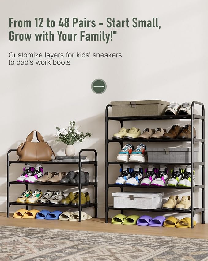 5-Tier Shoe Rack Organlzer, Rustproof lron, Spaclous Shoe Storage Shelf for Closet or Entryway, Fits Sneakers & Slippers, Black
