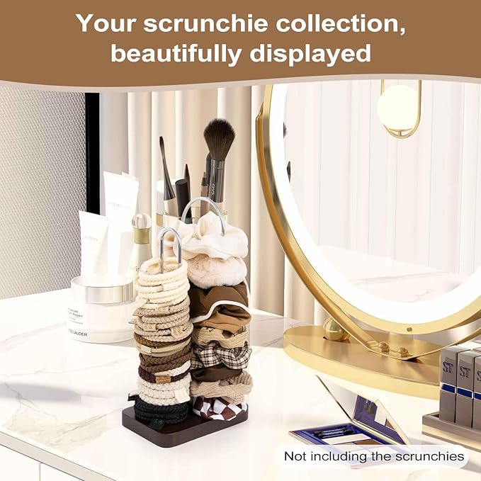 Scrunchine Holder Stand, 2 Tier Hair Tie Tower Hold 50~70 Scrunchies,Claw Clip Holder, Modern Fashion Hair Ties Organizer Storage for Girls, Women, Display(Walnut Color)