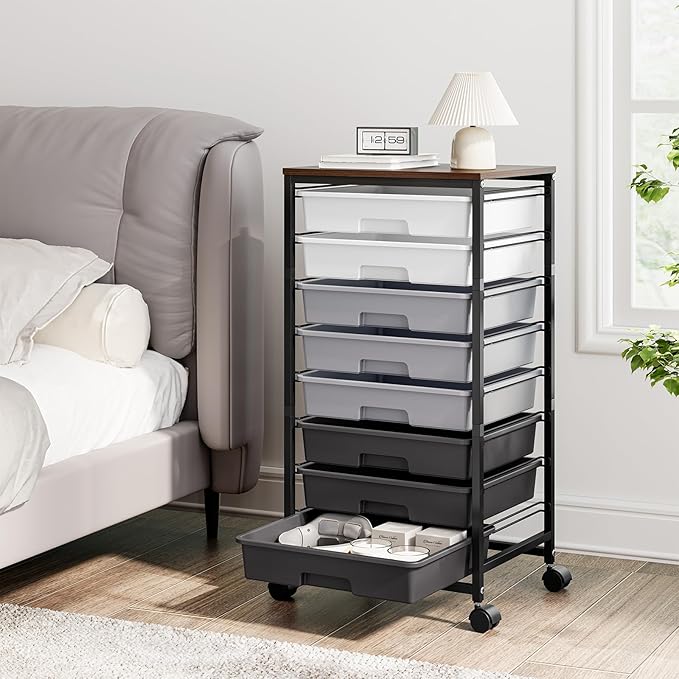 Rolling Storage Cart with 8 Drawers, Utility Cart on Wheels with Wooden Tabletop, Utility Cart for Teacher Storage, Office Organizer, Classroom Storage Cart, Craft Storage, Grey