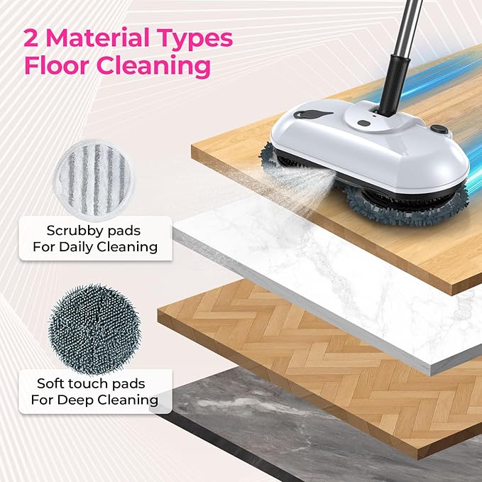 ScrubWiz Cordless Electric Mop, Electric Spin Mop with Water Spray, Powerful Floor Cleaner, Super Quiet Cleaning & Waxing, Mid White