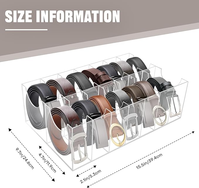 Belt Organizer with Lid, 14 Compartments Acrylic Belt Storage Holder with Dust Cover for Closet Drawer Checkroom Clear Belt Divider Display Case