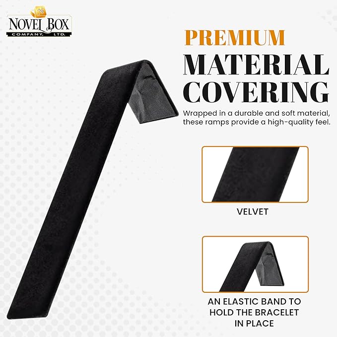 Novel Box 2 Pack Black Velvet Bracelet Display Ramps 1 1/2 W x 8 L x 2 1/8 H Inches - Jewelry Stand Bracelets Organizer for Women - Elegant Bracelet/Watch Ramps for Craft Shows, Selling & Personal Use