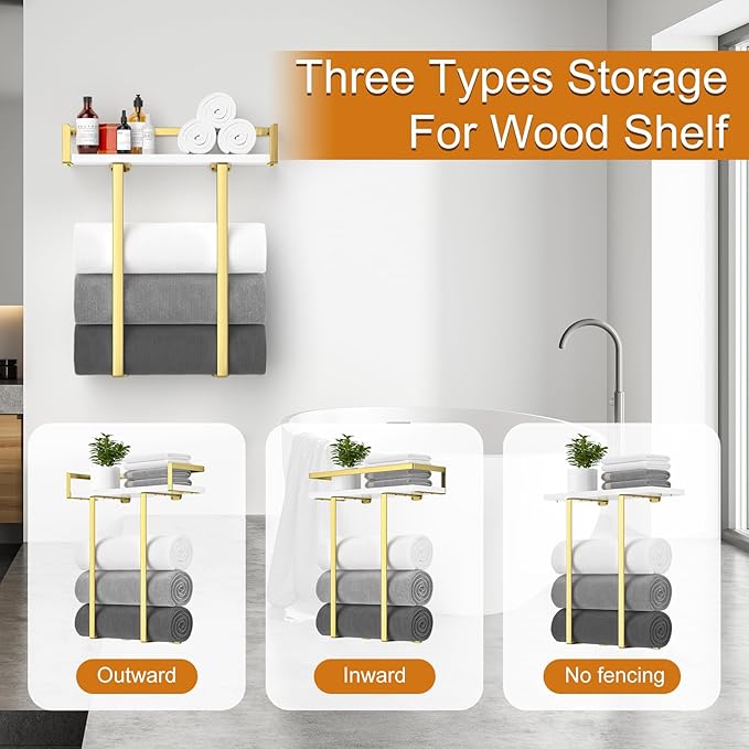 Towel Racks for Bathroom Wall Mounted, Metal Towel Holder with Wooden Shelf for Folding Large Towels, Towel Storage for Small Bathroom Organizer Decor or RV Camping,Golden
