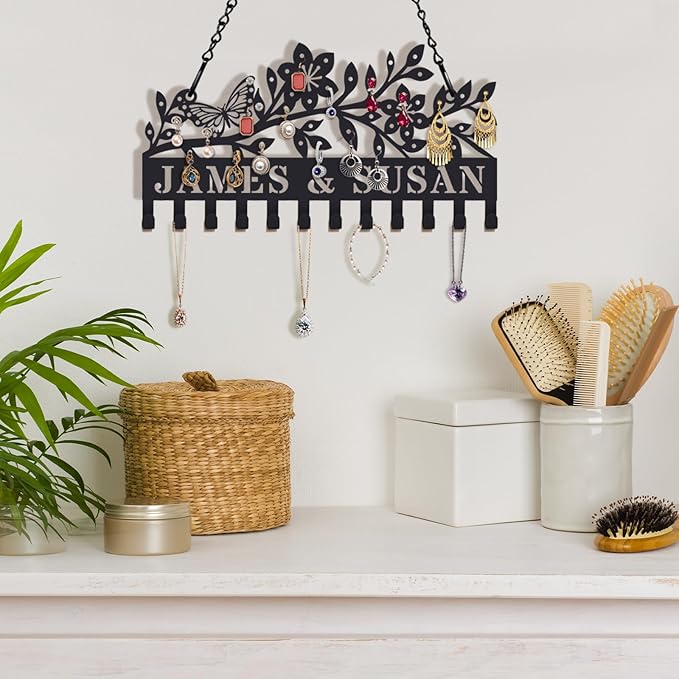 Personalized Wall Mounted Metal Earring Holder Custom Hanging Jewelry Organizer for Earrings and Necklaces Space Saving Wall Mounted Display Shelf with Hooks Valentine's Day Gifts