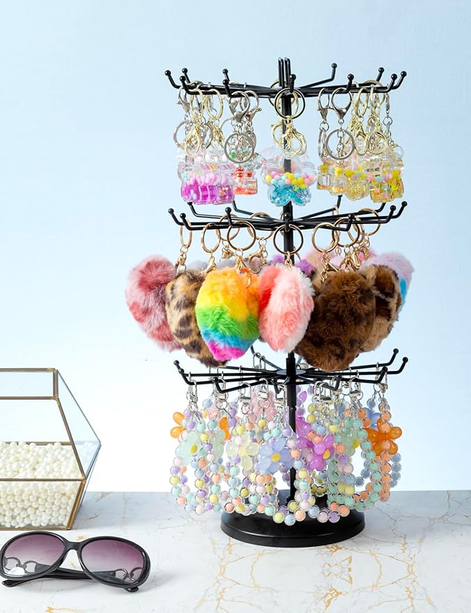 MyGift 3 Tier Classic Large Black Metal Jewelry Tree Holder Organizer with 360 Degree Rotating Arms, Spinning Necklace and Bracelet Tower Display Stand with 36 Hooks and Top Card Holder For storage