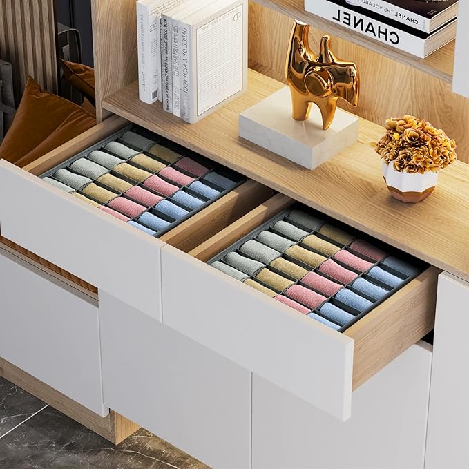 Joyoldelf Sock Organizer Drawer Organizer - Underwear Organizer, 24 Cell Collapsible Closet Organizers and Storage Sock Holders Organizers for Storing Socks, Ties, Belts 6 Pack