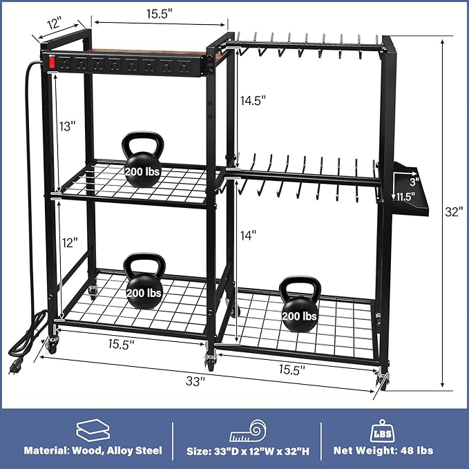 TC-HOMENY Power Tool Organizer Cart with Charging Power Strip, 28 Drill Tool Garage large Storage Racks with Wheels, Heavy Duty Tools Organizer Station, Festive Gifts for Men Dads
