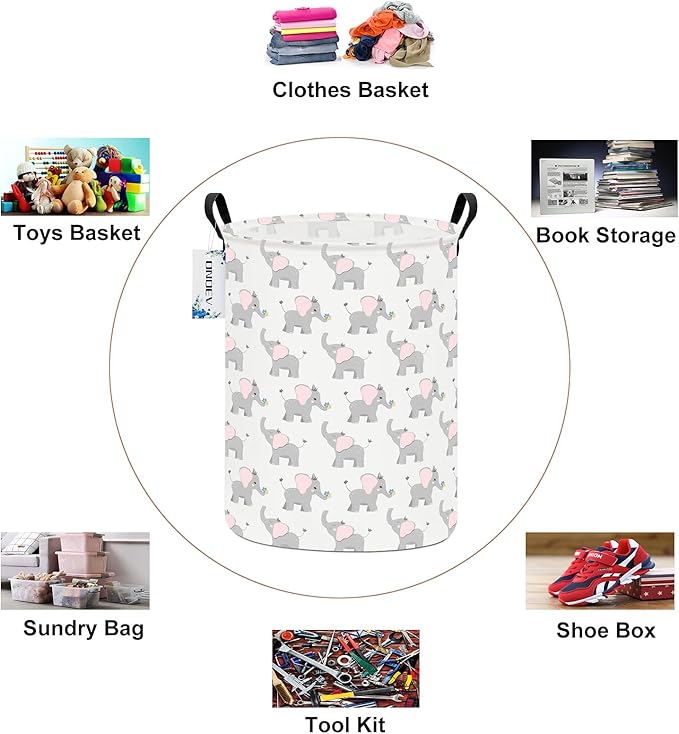 Round waterproof laundry basket,laundry Hampers with handle,gift basket,suitable for children's room and toy storage (Elephant calf)