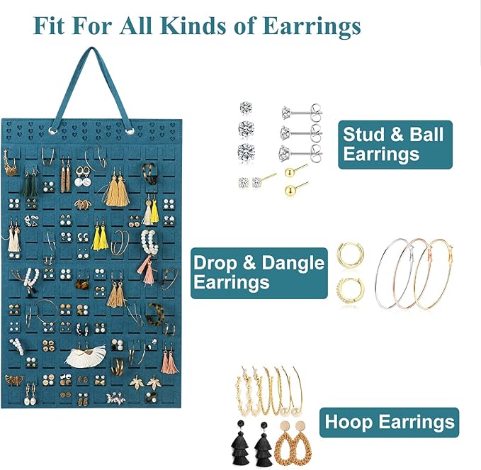 Hanging Earrings Organizer, Wall Earring Holder with 20 Hooks, Holds Up To 300 Pairs, Compact Design, Soft Material-Dark Green