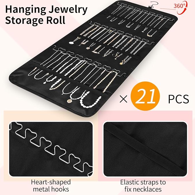Bloss Hanging Jewelry Organizer with 48 Pockets, Double-Size Hanging Jewelry Holder with Hanger Hooks, Jewelry Organizers and Storage for Earrings, Necklaces and Rings.(All Black)