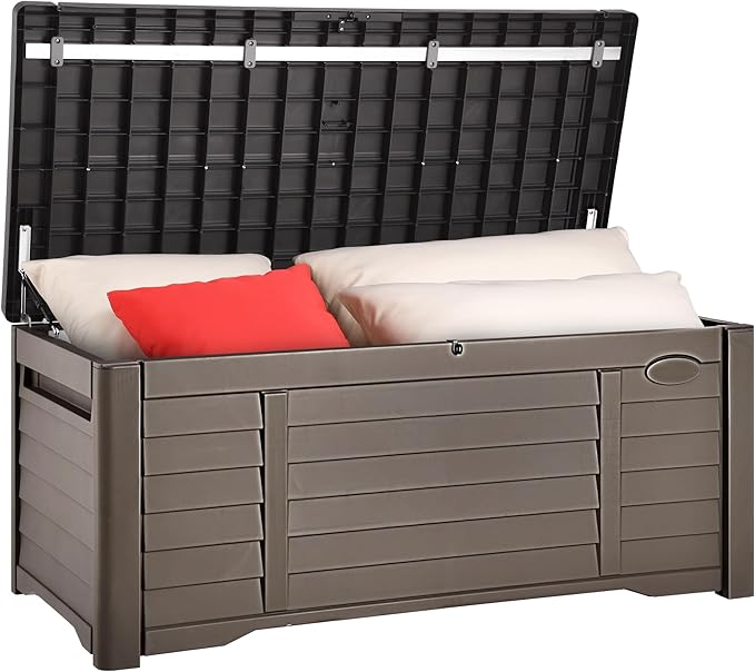 YITAHOME 150 Gallon Large Outdoor Storage Deck Box, Waterproof Cushion Storage Bench with Lockable Lid for Patio, Pool Supplies, Garden Tools, Resin, Dark Brown
