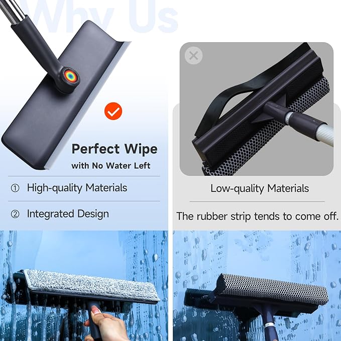 CTIME 62‘’ Window Washing Kit : 3 in 1 Window Squeegee for Home, Window Cleaning Kit with Scrubber&Rotating Head, Glass Cleaning Tools for Indoor/Outdoor with 3 Microfiber Cloths | Screen Brush