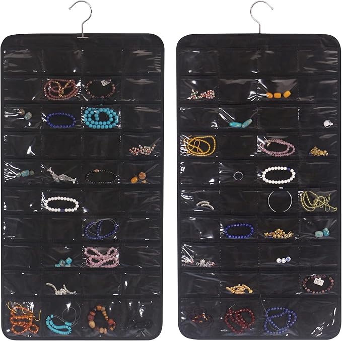 DIOMMELL 2 Pack Hanging Jewelry Organizer with 80 Pockets Jewelry Storage for Earrings Necklace Bracelet Ring Accessory, Black