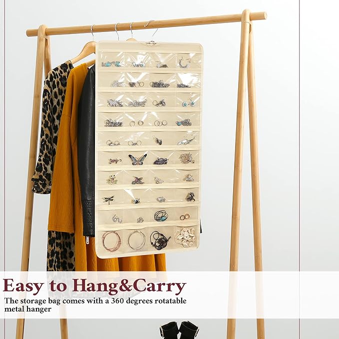 Kenning 4 Pcs Hanging Jewelry Organizer with 80 Pockets Earring Storage Organizer Dual Sided Earring Holder Necklace Hanger Closet for Bracelet, Necklace, Ring, Knitting Tool, Accessories, Beige