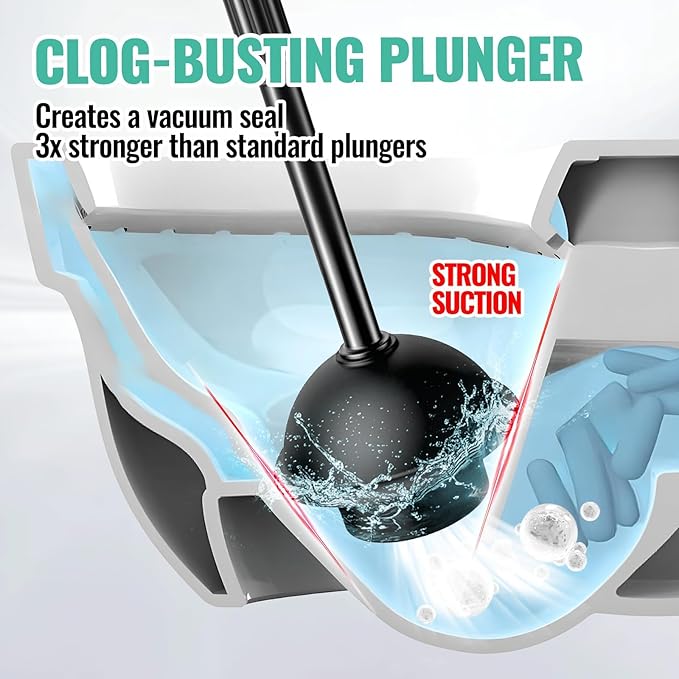 2PACK 3 in 1 Toilet Brush and Plunger Set with Crevice Cleaning Brush, Toilet Plunger and Brush Set with Extra Long Handle, Plungers for Bathroom Accessories, Toilet Plunger with Holder, Black