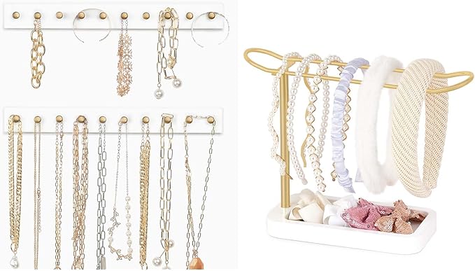 Mkono Necklace Holder Wall Mounted Necklaces Hanger, Jewelry Organizer Hanging with 20 Metal Round Hooks Headband Holder Organizer Metal Headband Storage Hair Accessories Organizer