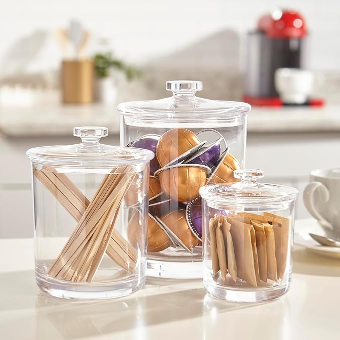 STORi 3-Pack Premium Quality Clear Plastic Qtip and Cotton Ball Holders, 15-oz, 30-oz, and 60-oz Apothecary Jars with Lids, Perfect Containers for Bathroom and Vanity, Set of 3