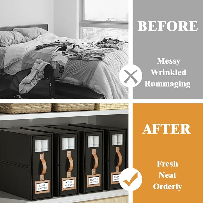 4 Pack Foldable Bed Sheets Set Organizers and Storage(King & Queen Size),Linen Fabric Closet Organizers with Window,Folding Bedding Storage Box for Bedsheets and Pillow Cube Organizer-Black