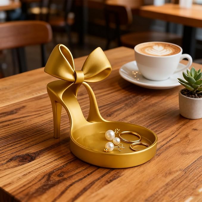 3D Printed High Heel Jewelry Holder & Organizer Tray With Elegant Bow Decor-Ring Display Stand, Earring, Bracelet Holder For Vanity, Desk Top, Dresser - Unique Home Decor Gift For Women (Golden)
