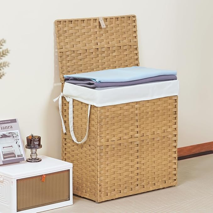 DUMOS Wicker Laundry Basket with Lid, 29.6 Gallon (112L) Woven Laundry Hamper with Handles, Foldable Rattan Clothes Hamper with Removable Liner & Sturdy Steel Frame, Goose Yellow
